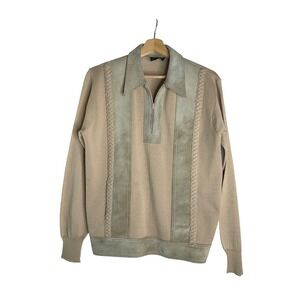 Vintage Damon Italian Wool Blend Suede Zip Up Henley Pointed Collar Sweater M